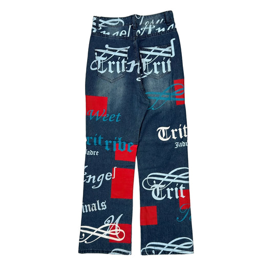 Vintage Text Print Jaded Graphic Jeans - 27W UK 8 Blue Denim