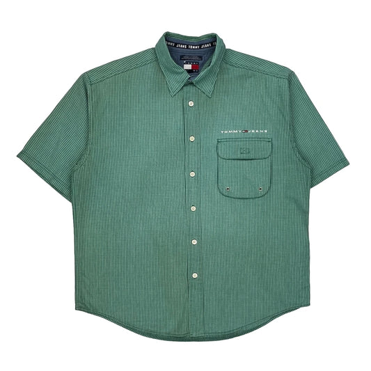 Tommy Jeans Striped Short Sleeve Shirt - Large Green Cotton
