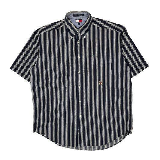 Tommy Hilfiger Striped Short Sleeve Shirt - Large Navy Cotton
