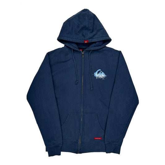 Vintage Surfing Quiksilver Graphic Hoodie - Medium Blue Cotton Blend