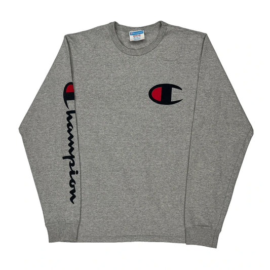 Reverse Weave Champion Spellout Long Sleeve T-Shirt - Medium Grey Cotton