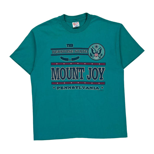 Single Stitch Hanes Graphic T-Shirt - XL Green Cotton Blend