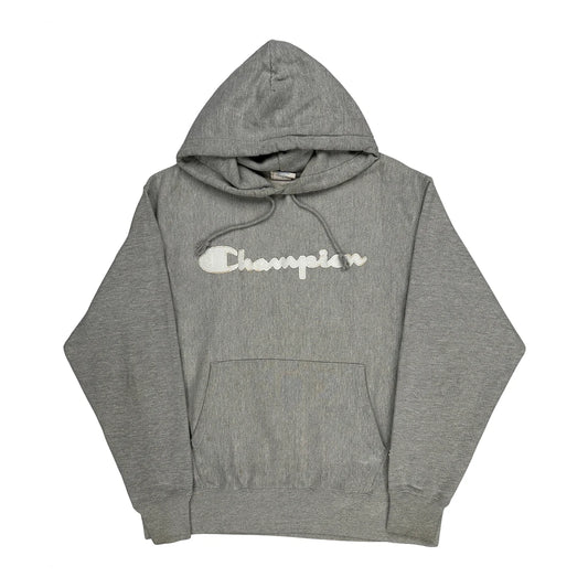 Reverse Weave Champion Spellout Hoodie - Large Grey Cotton