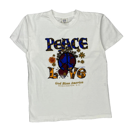 Single Stitch Peace Love St Evans Graphic T-Shirt - Large White Cotton
