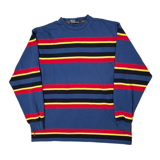 Vintage Polo By Ralph Lauren Striped Long Sleeve T-Shirt - Large Blue Cotton
