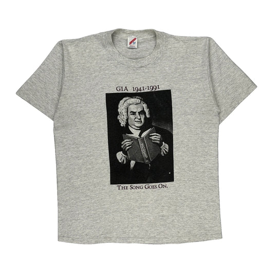 Single Stitch Jerzees Graphic T-Shirt - XL Grey Cotton Blend