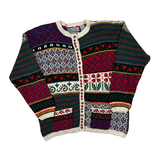 Hand Knit Northern Isles Christmas Cardigan - Large Multicoloured Cotton