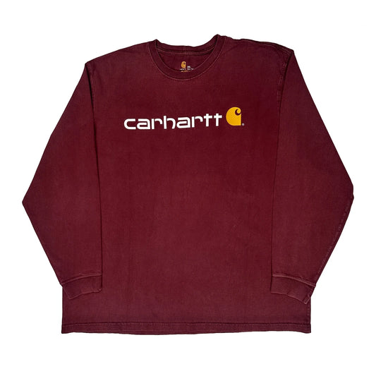 Carhartt Spellout Long Sleeve T-Shirt - 2XL Burgundy Cotton