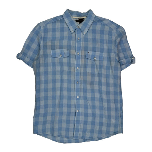 Vintage Tommy Hilfiger Checked Short Sleeve Shirt - Large Blue Linen