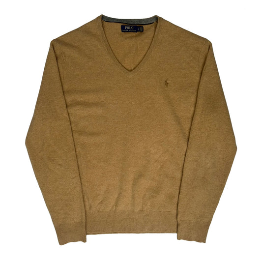 Polo By Ralph Lauren V-Neck Jumper - Large Beige Wool