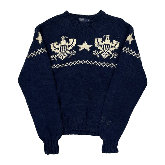 Eagle And Star Pattern Polo By Ralph Lauren Graphic Jumper - XL Navy Cotton
