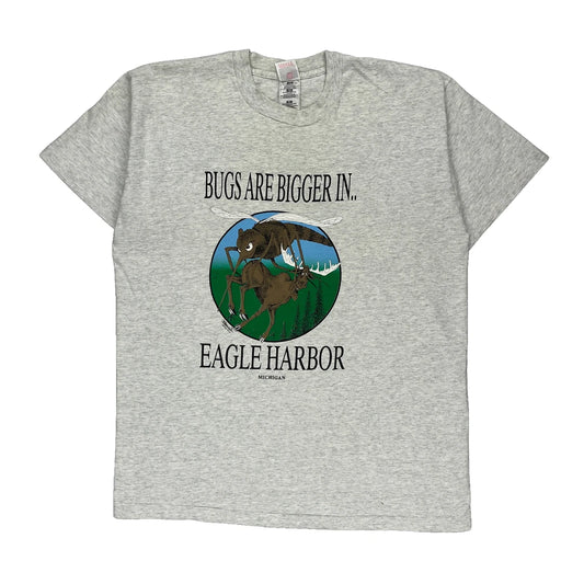 Single Stitch Eagle Harbor Fruit Of The Loom Graphic T-Shirt - XL Grey Cotton