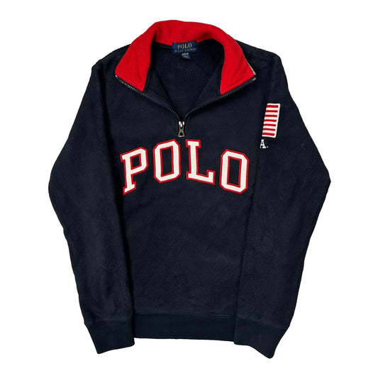 Vintage Age 10-12 Polo By Ralph Lauren USA Flag On Sleeve 1/4 Zip - Medium Navy Polyester