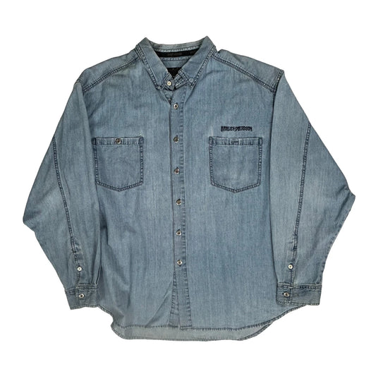 Motorcycles Harley Davidson Graphic Denim Shirt - 3XL Blue Cotton