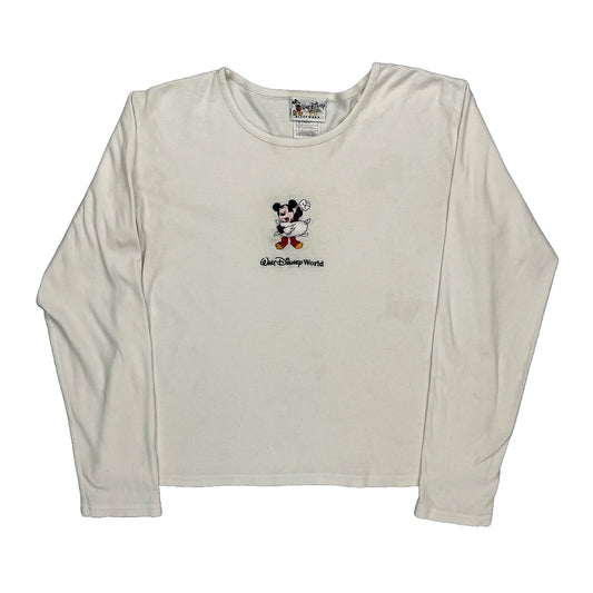 Mickey Mouse Disney Cartoon Long Sleeve T-Shirt - Large White Cotton