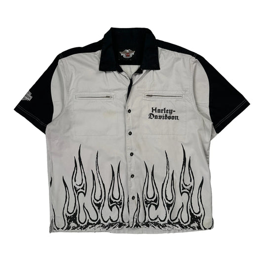 Skull & Flames Harley Davidson Graphic Shirt - XL White Cotton