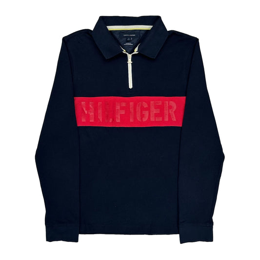 Tommy Hilfiger Spellout Long Sleeve Polo Shirt - Medium Navy Cotton