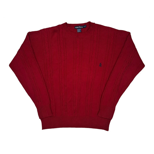 Nautica Cable Knit Jumper - Medium Red Cotton