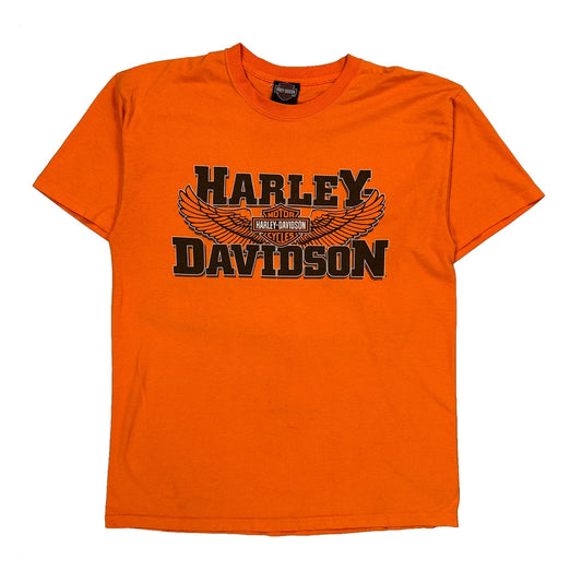Harley Davidson Graphic T-Shirt - Large Orange Cotton Blend