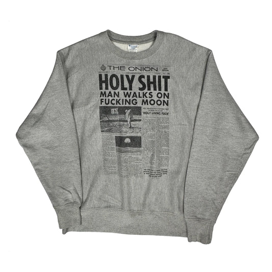 Reverse Weave Champion Holy Sh** Man Walks On Moon Sweatshirt - Large Grey Cotton Blend