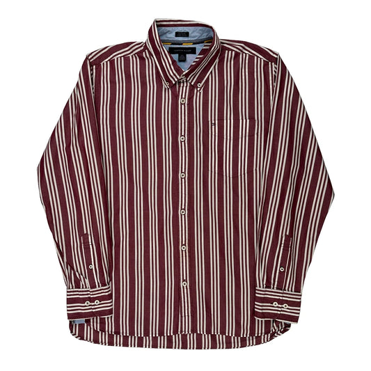Tommy Hilfiger Striped Shirt - Large Burgundy Cotton