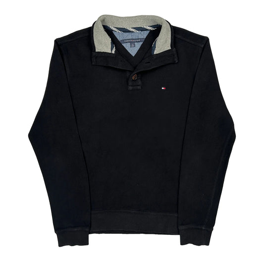 Vintage Tommy Hilfiger Collared 1/4 Zip - Large Black Cotton