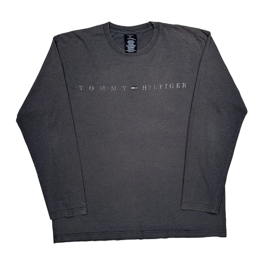 Vintage Tommy Hilfiger Spellout Long Sleeve T-Shirt - XL Grey Cotton