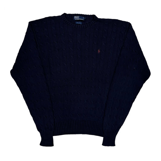 Vintage Polo By Ralph Lauren Cable Knit Jumper - Large Navy Cotton