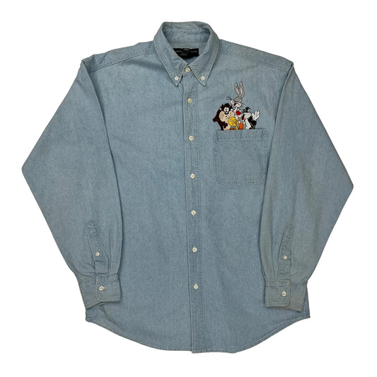 Looney Tunes Characters Embroidery Warner Bros Cartoon Denim Shirt - Medium Light Wash Cotton