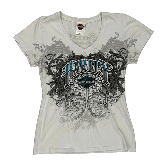 Harley Davidson Graphic T-Shirt - Medium White Cotton