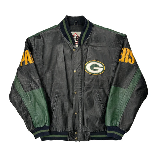 Vintage Green Bay Packers 58 Sports Leather Jacket - Large Black Leather