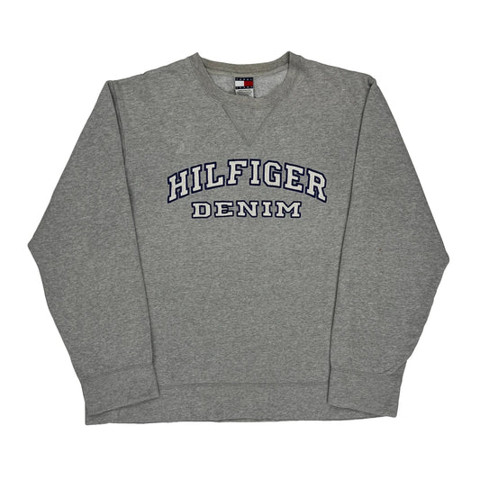 Vintage Tommy Jeans Spellout Sweatshirt - Medium Grey Cotton Blend