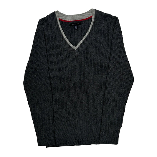 Vintage Cable Knit Tommy Hilfiger V-Neck Jumper - Large Grey Cotton