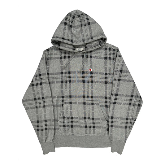 Champion Checked Hoodie - Large Grey Cotton