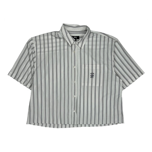 Vintage Stussy Striped Short Sleeve Shirt - Medium White Cotton