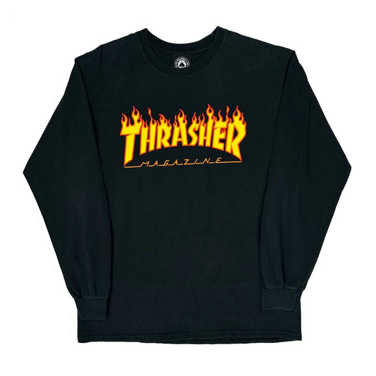 Vintage Skateboarding Thrasher Graphic Long Sleeve T-Shirt - Medium Black Cotton