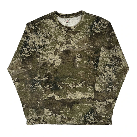Vintage Red Head Camo Long Sleeve T-Shirt - Medium Green Cotton