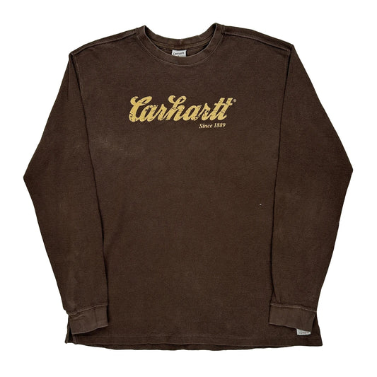 Carhartt Spellout Long Sleeve T-Shirt - Large Brown Cotton