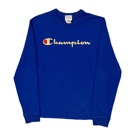 Champion Spellout Long Sleeve T-Shirt - Medium Blue Cotton