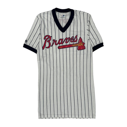 1980s Braves Majestic Pinstripe Jersey - Small White Cotton