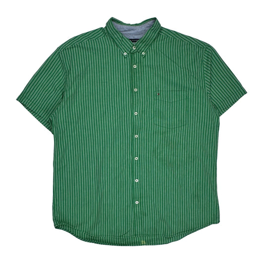 Vintage Tommy Hilfiger Striped Short Sleeve Shirt - 2XL Green Cotton
