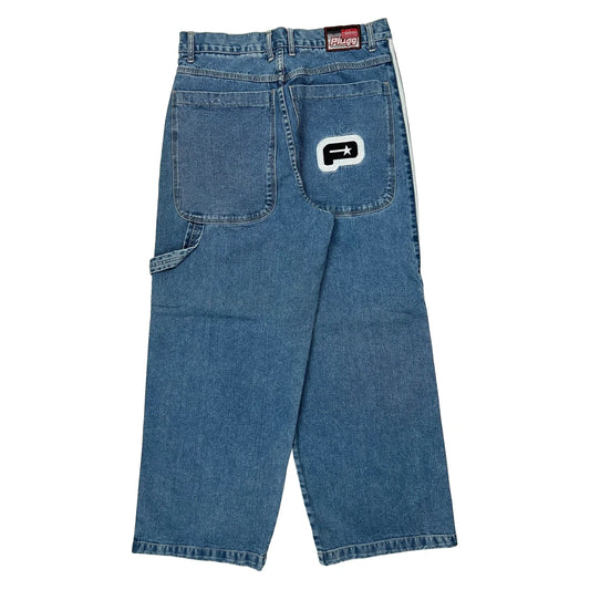Vintage Plugg Baggy Graphic Striped Carpenter Jeans - 33W 30L Blue Denim