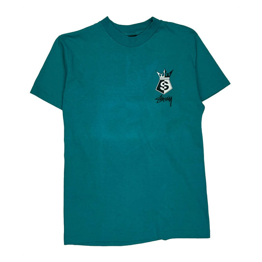 Vintage Crown Shield Stussy Graphic T-Shirt - Large Green Cotton
