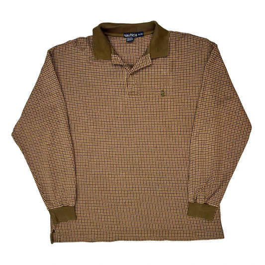 Nautica Checked Long Sleeve Polo Shirt - XL Brown Cotton