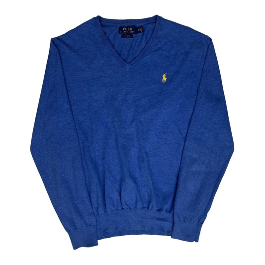 Vintage Polo By Ralph Lauren V-Neck Jumper - Medium Blue Cotton