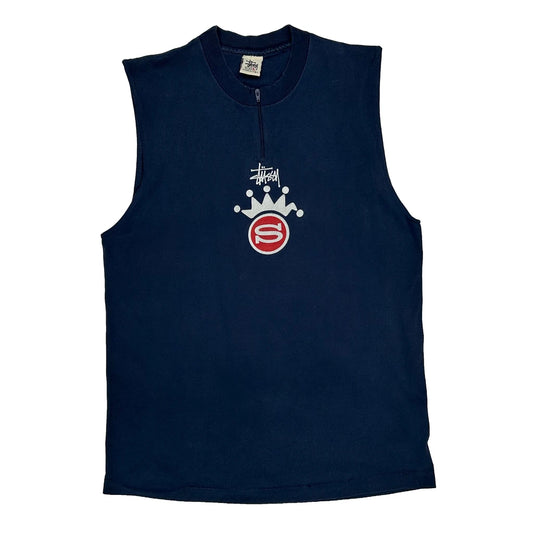 Vintage Crown Logo Stussy Graphic Vest - Large Navy Cotton