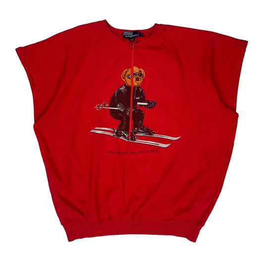 Skiing Polo Bear Ralph Lauren Cut Off 1/4 Zip - XL Red Cotton Blend