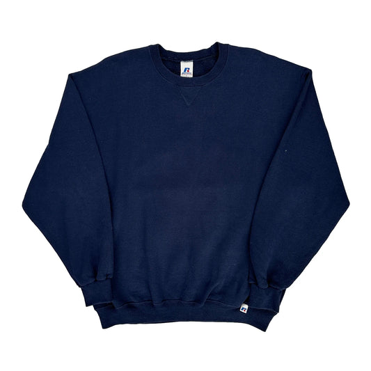 90S Blank Russell Athletic Sweatshirt - Large Navy Cotton Blend