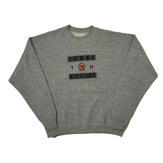 Vintage Tommy Hilfiger Spellout Sweatshirt - Large Grey Cotton