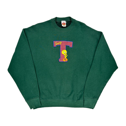 Made In Usa Tweety Looney Tunes Graphic Sweatshirt - XL Green Cotton Blend